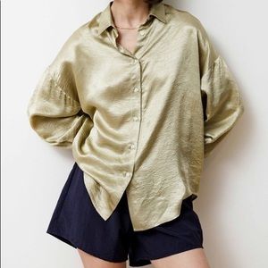 Priory metallic green button-up tunic/blouse